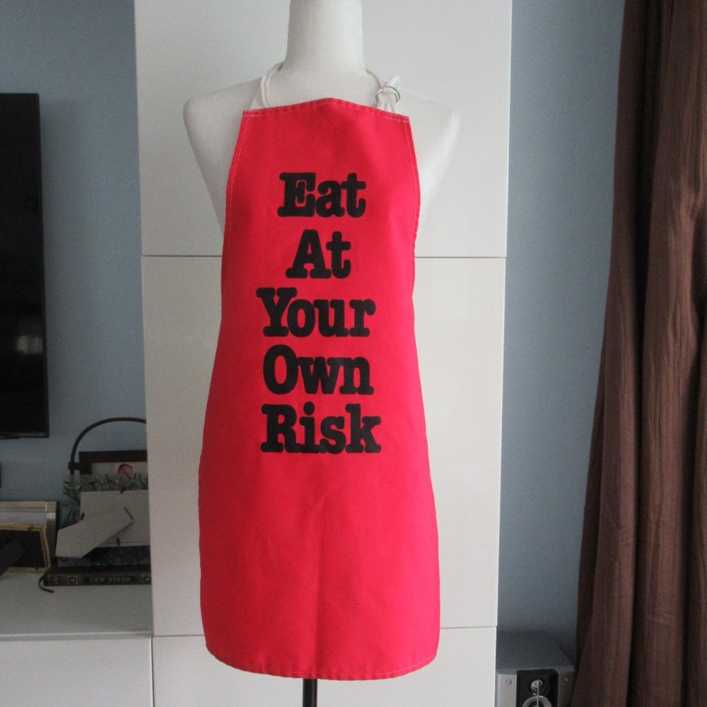 EAT AT YOUR OWN RISK Bib Apron Size S/M Made in the USA RED by Now Designs